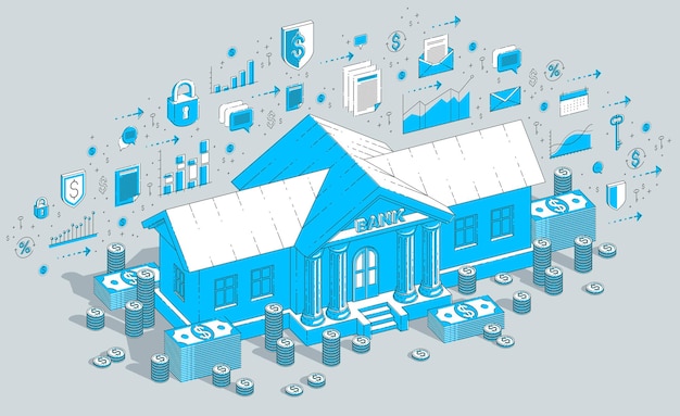 Ancien Bâtiment De Banque De Dessin Animé Avec Pile De Dollars En Argent Comptant Et Dessin Animé De Pile De Cents Isolé Sur Fond Blanc. Illustration De Finance Vectorielle Isométrique Avec Icônes, Graphiques De Statistiques Et éléments De Conception.