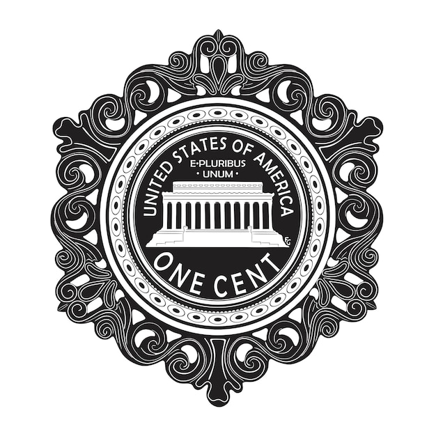 Vecteur ancien cadre circulaire et silhouette faite à la main d'une pièce de monnaie américaine d'un cent