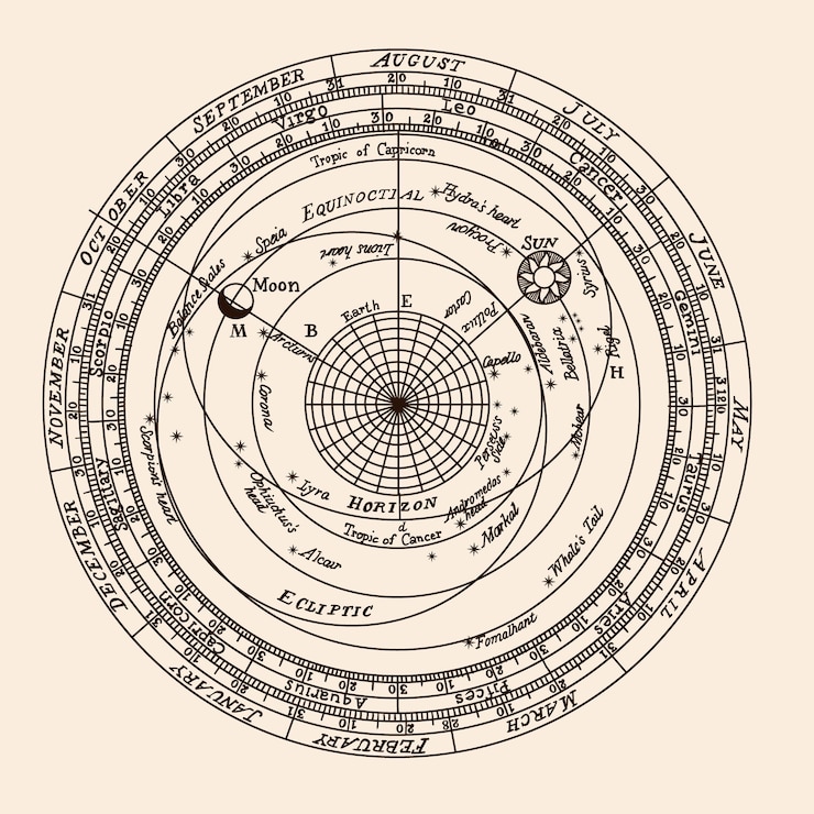Vecteur un ancien diagramme des saisons, des signes du zodiaque et des corps célestes du système solaire