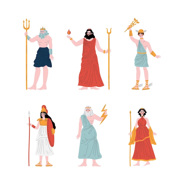 L'ancien dieu grec avec Poseidon Hades Hermes Athéna Zeus et Gera Set vectoriel