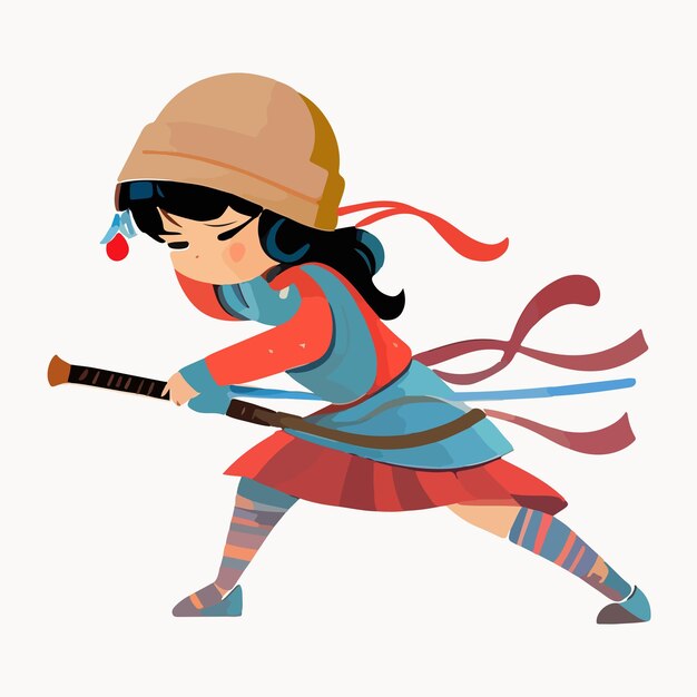 Vecteur ancien guerrier de dessin animé combattant soldat et fille militaire en tissu rose et grand chapeau tressé de diverses cultures telles que le personnage de guerrier ninja chinois ou japonais isolé