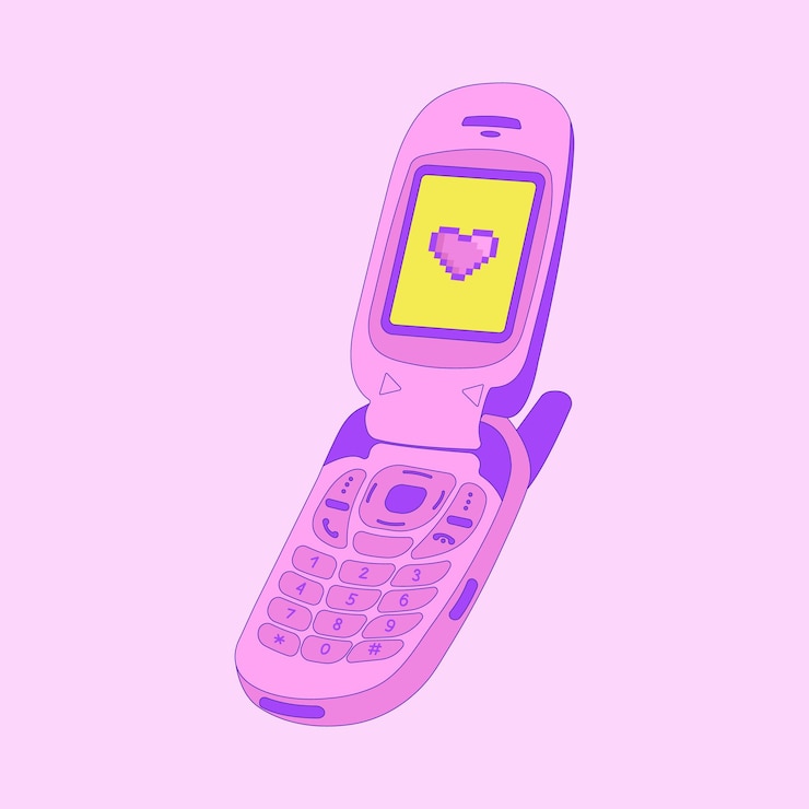 Vecteur ancien mobile y2k, téléphone portable, illustration vectorielle à la mode, nostalgie des années 90 2000, coeur de pixel