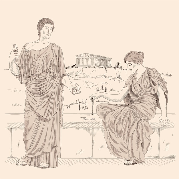 Vecteur un ancien poète grec récite de la poésie à une femme assise sur un parapet en pierre contre le paysage de la ville d'athènes.