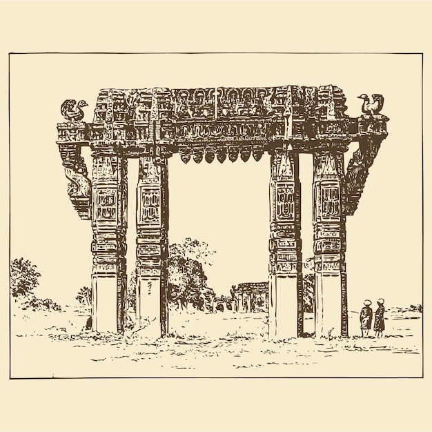 Vecteur ancien sanchi stupa indien monument architecture traditionnelle temple antique dessiné main