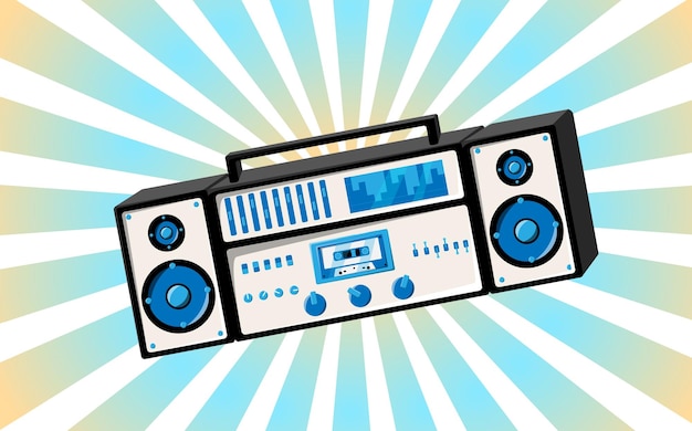 Ancienne affiche vintage rétro avec magnétophone à cassettes de musique avec babbin à bande magnétique sur bobines