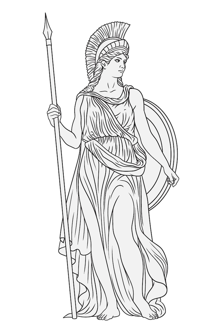 Vecteur l'ancienne déesse grecque athéna pallas avec une lance et un bouclier dans un casque figure isolée sur bg blanc