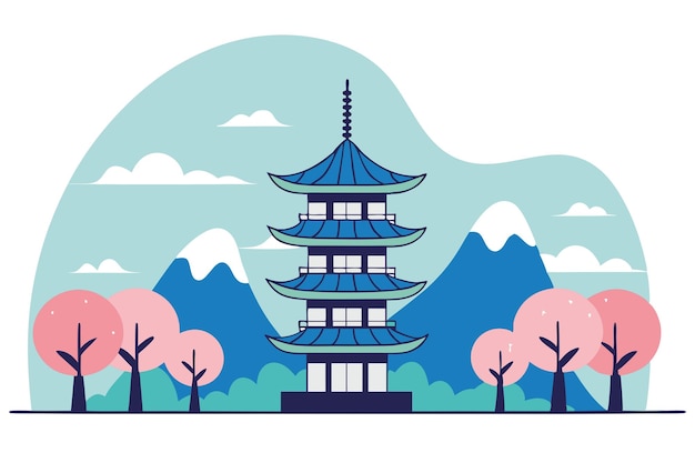 L'ancienne pagode traditionnelle asiatique au milieu des arbres de sakura en fleurs et des montagnes Illustration vectorielle