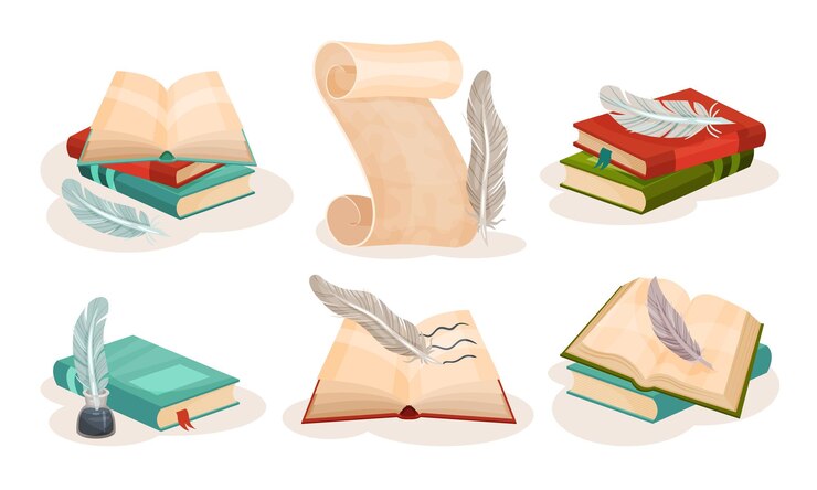 Vecteur anciens rouleaux de papier livres et plumes écriture rétro science et connaissance symboles illustration vectorielle sur fond blanc