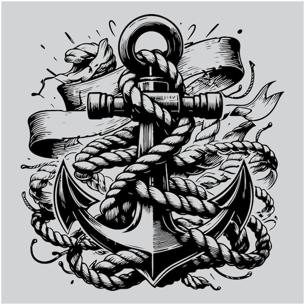 Ancrage enchevêtré avec une corde et une bannière de ruban Dessin à la main Illustration vectorielle