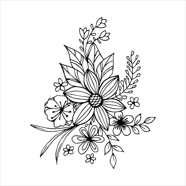 Нand Bouquet Dessiné De Fleurs Dans Un Style Doodle Ou Croquis, Illustration Vectorielle Noir Et Blanc