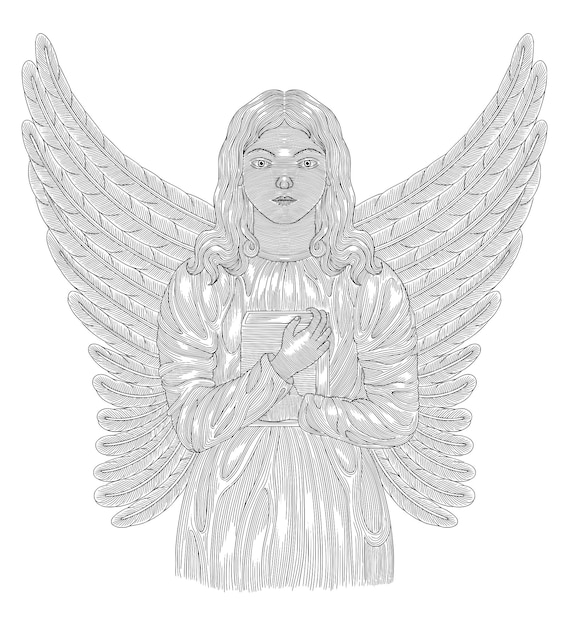 Vecteur un ange aux ailes tenant un livre illustration de style de dessin gravé vintage