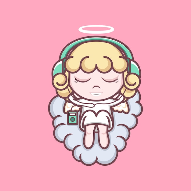 Ange De Dessin Animé Mignon écoutant De La Musique Avec Un Casque