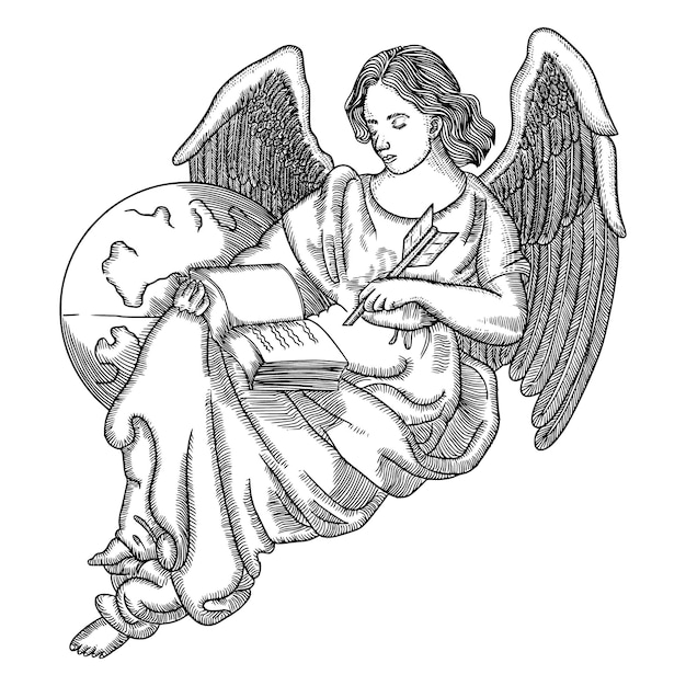 Un Ange écrit Dans Un Livre Illustration Vectorielle De Gravure à La Main