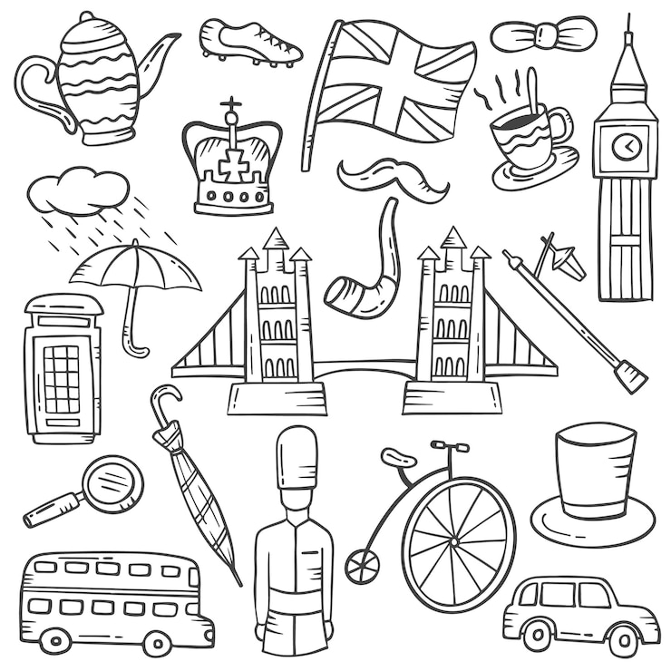 Vecteur angleterre concept doodle ensemble de collections dessinées à la main avec illustration vectorielle de contour style noir et blanc