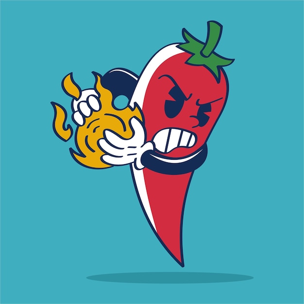 Angry Red Hot Chili Pepper Avec Personnage De Dessin Animé De Boule De Feu