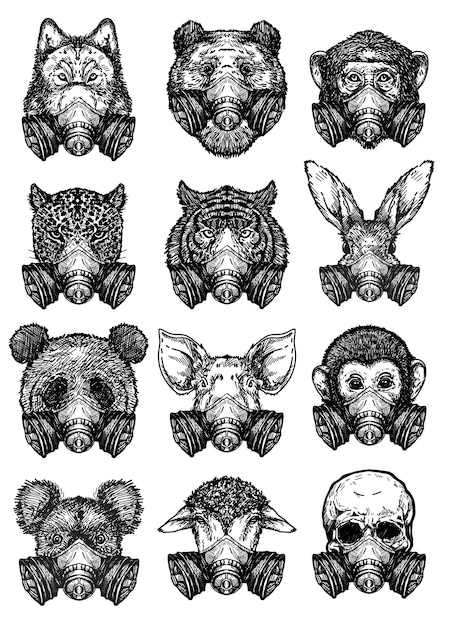 Animal D'art De Tatouage Portant Un Masque De Protectiondessin Et Croquis En Noir Et Blanc