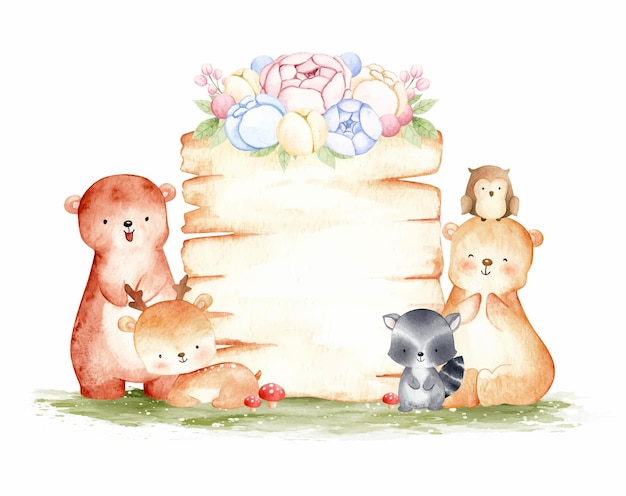 Animal Des Bois Mignon Avec Illustration Aquarelle De Modèle De Signe De Bois