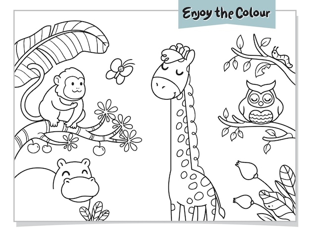 Vecteur animal coloriage girafe chouette hippopotame singe