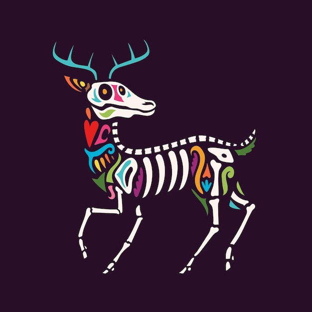 Vecteur animal dia de muertos, crâne et squelette de cerf