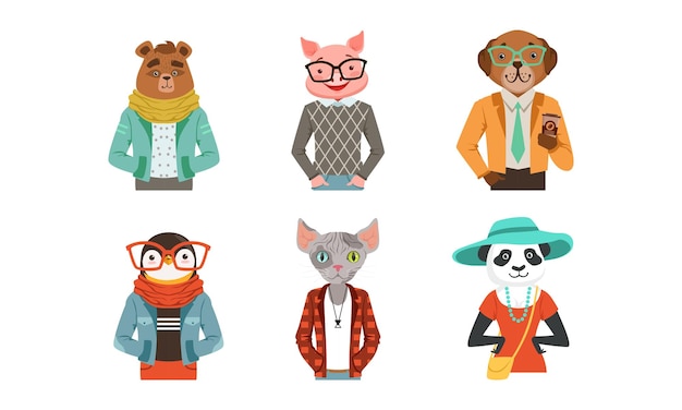 Animal hipster avec corps vêtu de vêtements humains et ensemble vectoriel de vêtements