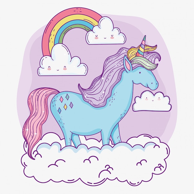 Animal Licorne Mignon Avec Arc-en-ciel Et Nuages