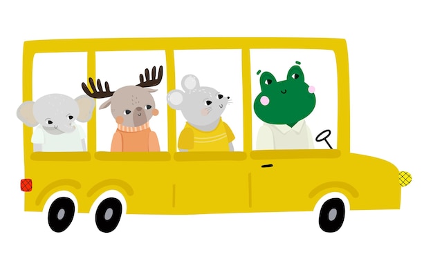 Animal De Vecteur De Dessin Animé Mignon Dans Le Bus Jaune Aller à L'illustration Enfantine De L'école