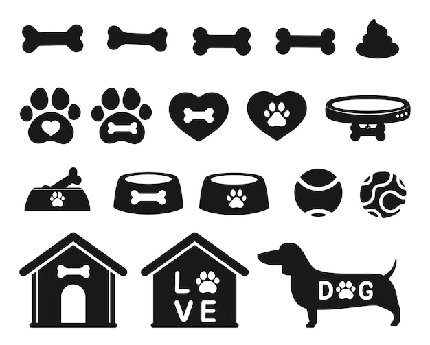 Vecteur animalerie set accessoire pour chien ball os et maison isolé sur fond blanc.