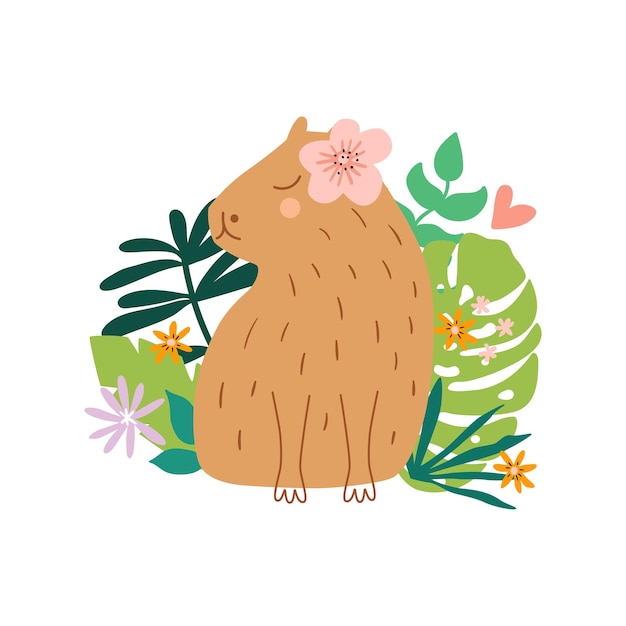 Vecteur animales capybara mignons dans les feuilles tropicales élément vecteur d'été isolé sur blanc