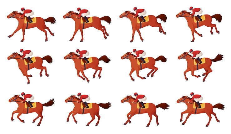 Vecteur animation de cavalier cavalier équitation images de mouvement cycle jockey galopant ou trot chevaux en cours d'exécution pose de pirouette pour la course ou le cinéma militaire médiéval ingénieux illustration vectorielle cavalier