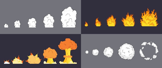 Animation d'effet d'explosion dans un style bande dessinée. Effet d'explosion de dessin animé avec de la fumée pour le jeu. Feuille de sprite pour explosion de feu de dessin animé, animation d'effet de jeu flash