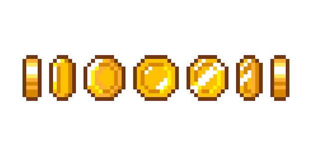 Animation de pièce d'or pixel pour jeu rétro 16 bits. pièces pixélisées dorées. argent 8 bits. Vecteur isolé