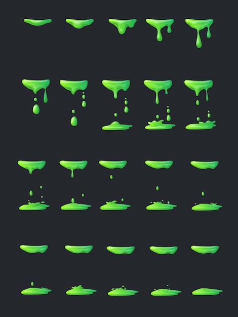 Animation Slime Liquide vert goutte dessin animé éclaboussure poison goutte toxique explosion nucléaire explosion venin chimique sprite fx effet flegme substance soigné ui vecteur
