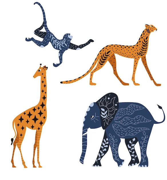 Animaux africains guépard éléphant girafe singe Illustration vectorielle