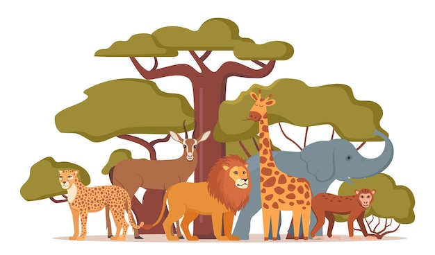 Des animaux africains mignons composition de personnages éléphant girafe chameau guépard lion