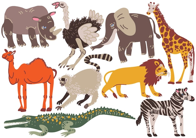 Animaux africains Rhinocéros Autruche Éléphant Giraffe Chameau Lion Crocodile Zèbre Lémur Illustration vectorielle sur fond blanc