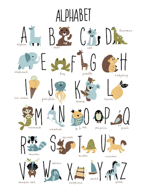Vecteur animaux alphabet vector print avec des lettres et des illustrations d'animaux style bohème branché