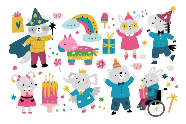 Vecteur animaux d'anniversaire sertie de cadeaux gâteaux crème glacée surprise fête des enfants avec un animal de dessin animé