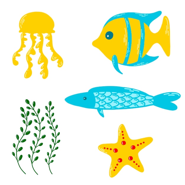 Animaux Aquatiques Sous-marins Jeu D'illustrations Vectorielles Dessin Animé Mignon étoile De Mer Algues Méduses Poissons