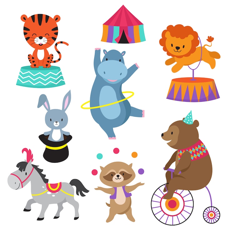 Vecteur animaux de cirque dessinés pour le papier cartonné anniversaire enfant