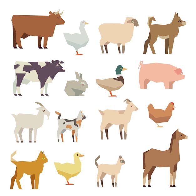 Vecteur animaux de compagnie et animaux de la ferme plats icônes définies