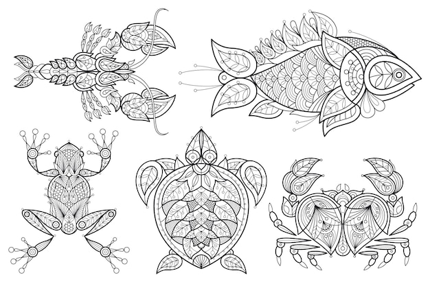 Animaux Décoratifs Poisson Homard Crabe Tortue De Mer Livre De Coloriage Pour Adultes Vecteur