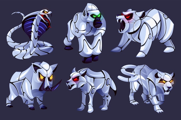 Animaux de dessin animé cyborg Faune futuriste personnages robotiques gorille métallique ours et loup bêtes mécaniques fortes machines de zoo avec des yeux brillants intelligence artificielle mascotte vectorielle bien rangée