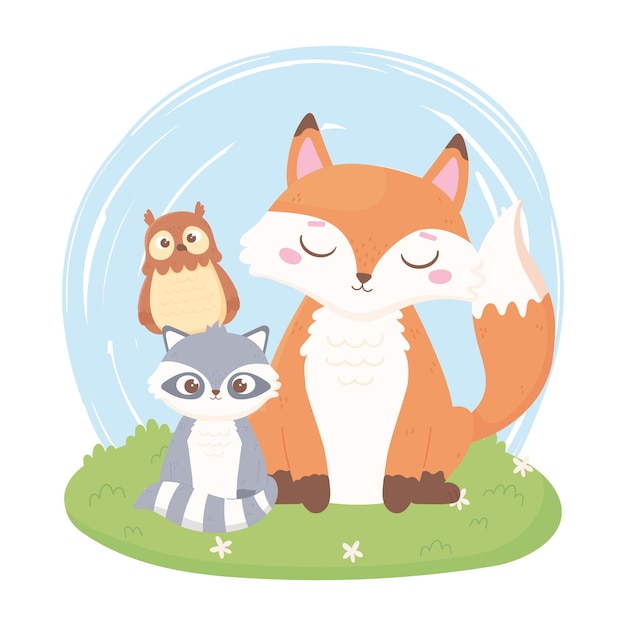 Animaux De Dessin Animé Mignon Renard Raton Laveur Et Hibou Dans L'herbe