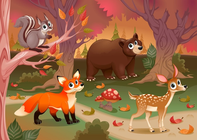 Animaux drôles dans le bois Vector cartoon illustration