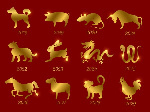 Vecteur animaux du zodiaque horoscope chinois or. symboles de l'année isolé sur fond rouge