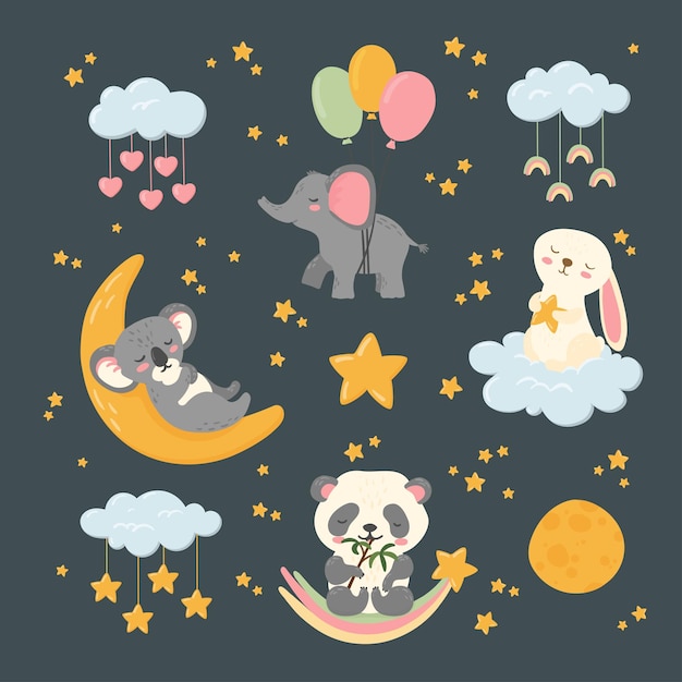 Animaux Endormis Mignons Bonne Nuit Grand Ensemble D'autocollants Corps Célestes Nuages étoiles Lune Panda éléphant Lapin Et Koala Affiche De Pépinière Carte Postale Enfants Imprimer Douche De Bébé Illustration Vectorielle