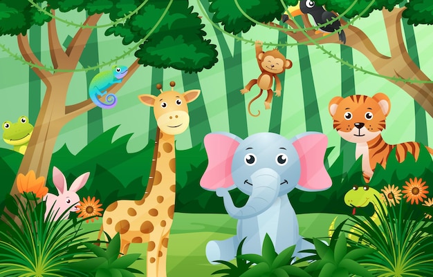 Animaux de la faune dans la scène de la jungle Style enfant