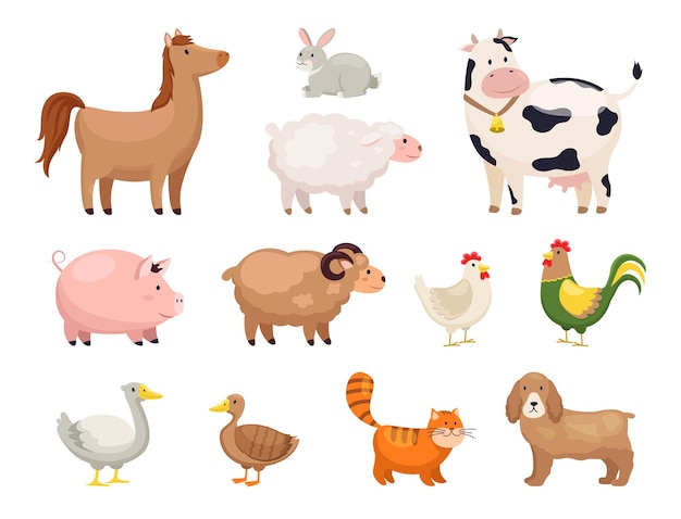 Animaux De La Ferme Dessin Animé Drôle Oiseaux Domestiques Vie Rurale Personnages De Bande Dessinée Mignons Cheval Et Oies Poulet Et Canard Vache Et Mouton Chèvre Et Lapin Entretien Bétail Vecteur Isolé Ensemble