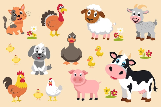 Des animaux de ferme mignons, des éléments de méga-ensemble dans un design graphique plat, des objets d'amusement, des chats, des dindes, des moutons, des chèvres, des poussins avec du poulet et du coq, des chiens, des canards avec des canards, des vaches, des cochons, des illustrations vectorielles.