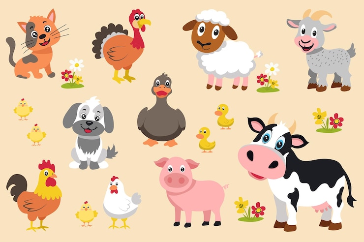 Des animaux de ferme mignons, des éléments de méga-ensemble dans un design graphique plat, des objets d'amusement, des chats, des dindes, des moutons, des chèvres, des poussins avec du poulet et du coq, des chiens, des canards avec des canards, des vaches, des cochons, des illustrations vectorielles.